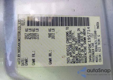 2017 Nissan Altima 2.5 Sl z USA, uszkodzony, nr VIN 1N4AL3AP1HC195714